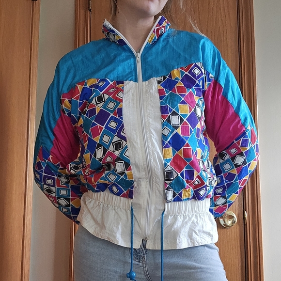 80s/90s Brightly Colored Geometric Windbreaker Jacket - Picture 2 of 7